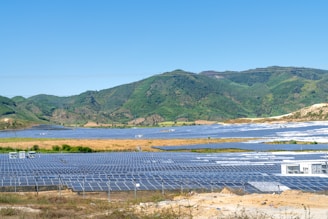 Expansive solar panel installation spread across a large, open area, nestled in front of lush green hills under a clear blue sky.