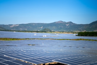a large body of water with mountains in the background