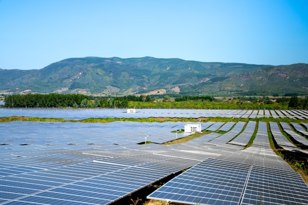 A vast field of solar panels arranged in rows, surrounded by lush greenery and set against a backdrop of rolling hills and a clear blue sky. The solar panels are evenly distributed, indicating a large-scale solar power plant.
