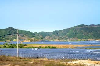a field of solar panels with mountains in the background