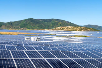 a photo of a solar farm with mountains in the background