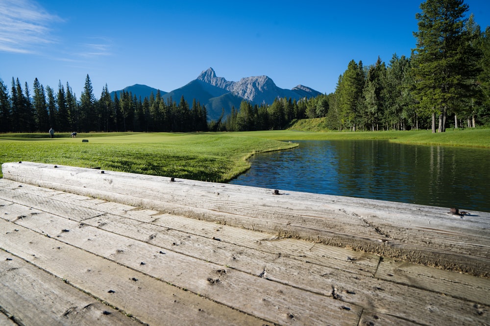 a view of a lake and mountains from a wooden dock
