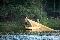 Two individuals wearing traditional conical hats are fishing from a wooden boat on a calm river, surrounded by dense greenery. They are casting a large, golden fishing net into the water, creating a graceful arc.