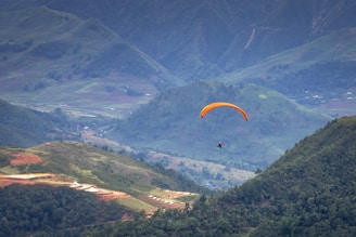 A paraglider with an orange canopy floats over a lush green valley surrounded by rolling hills and dense forests. Below, terraced fields and scattered patches of farmland blend into the natural landscape. The sky is clear, providing a vibrant backdrop to the scenic view.