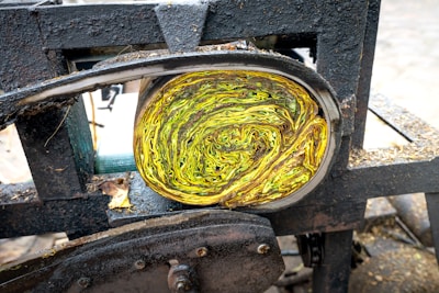 Close-up view of a machine with a roll of coiled material inside. The material appears to be layered with vibrant yellow and green tones, possibly depicting a leafy texture. The machine's metallic frame is dark and industrial, showing signs of wear and rust.