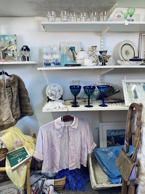 A variety of vintage and decorative items are displayed on shelves and hanging. On the shelves, there are glassware items, framed pictures, and a teapot. A hanging pink blouse is centrally featured, surrounded by baskets, scarves, and books. The overall appearance is reminiscent of a thrift or antique shop.