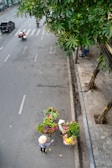 Two individuals wearing conical hats are positioned near the curb of a street, selling vibrant flowers displayed in baskets. The street is lightly trafficked by a few vehicles, including an SUV and a motorbike. Overhead, lush green tree foliage partially shades the scene. The sidewalk is made of concrete tiles and is lined with trees.
