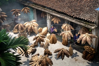 The image depicts a traditional setting where multiple fish traps are displayed in various forms and sizes. The traps are suspended by wires, as well as placed on the ground in a courtyard. Two individuals are seen crafting or organizing the traps. The setting appears to be outdoors, with the architecture suggesting an older, rustic building with a tiled roof. Lush green foliage is visible on one side, adding a touch of natural color.