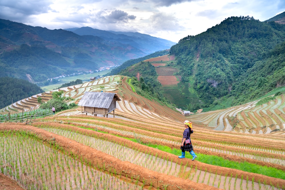 a man walking across a lush green hillside