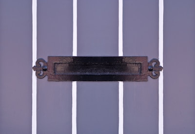 A close-up view of a decorative black mail slot on a gray paneled door. The door features vertical white stripes that contrast with the dark metal of the mail slot, which has intricate designs on its ends.