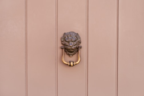 A metallic door knocker with a lion's head design is mounted on a pastel-colored wooden door.