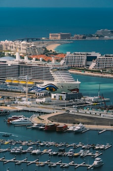 a large cruise ship docked in a harbor