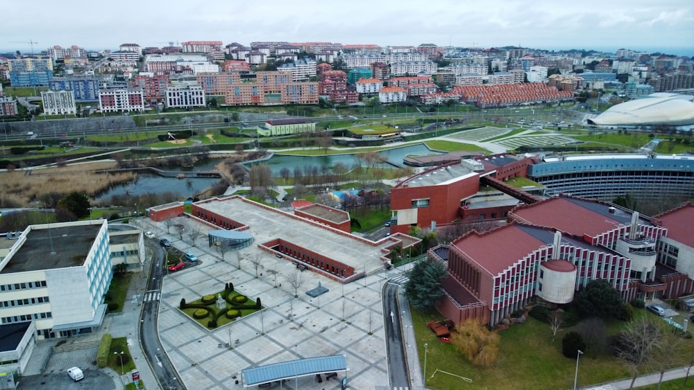 an aerial view of a city with many buildings