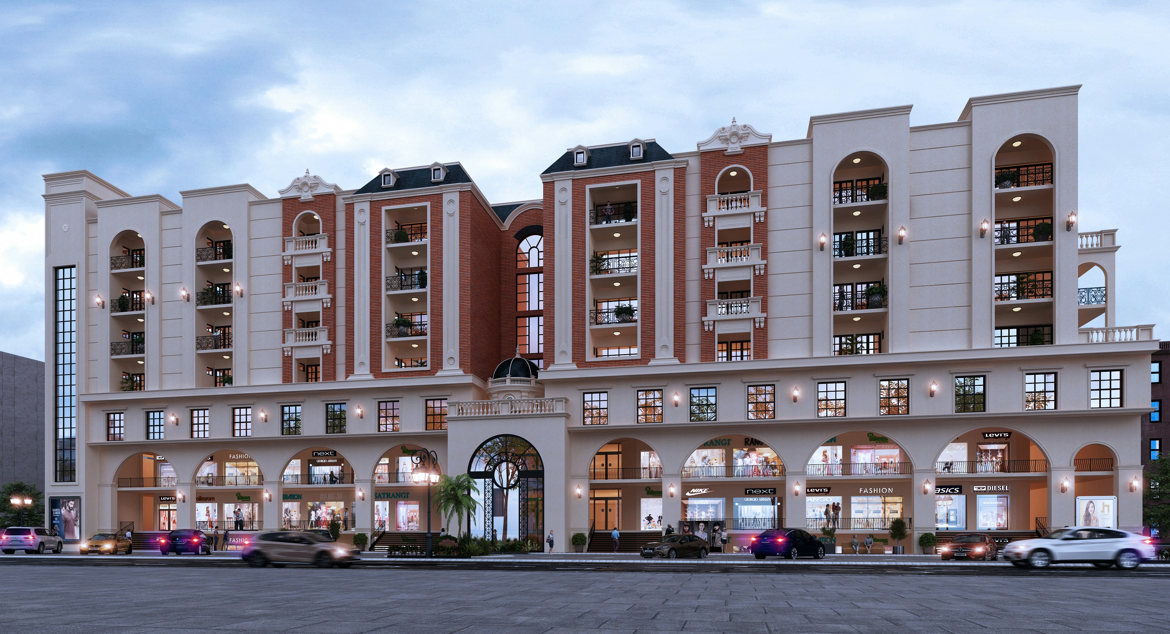 a large building with a lot of windows and cars parked in front of it