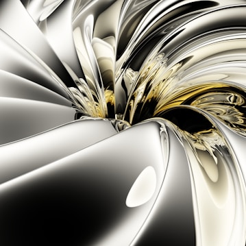An abstract digital artwork featuring fluid, metallic shapes with smooth, reflective surfaces that create a sense of depth and motion. The colors blend from silver to gold, giving a luxurious and dynamic visual effect.