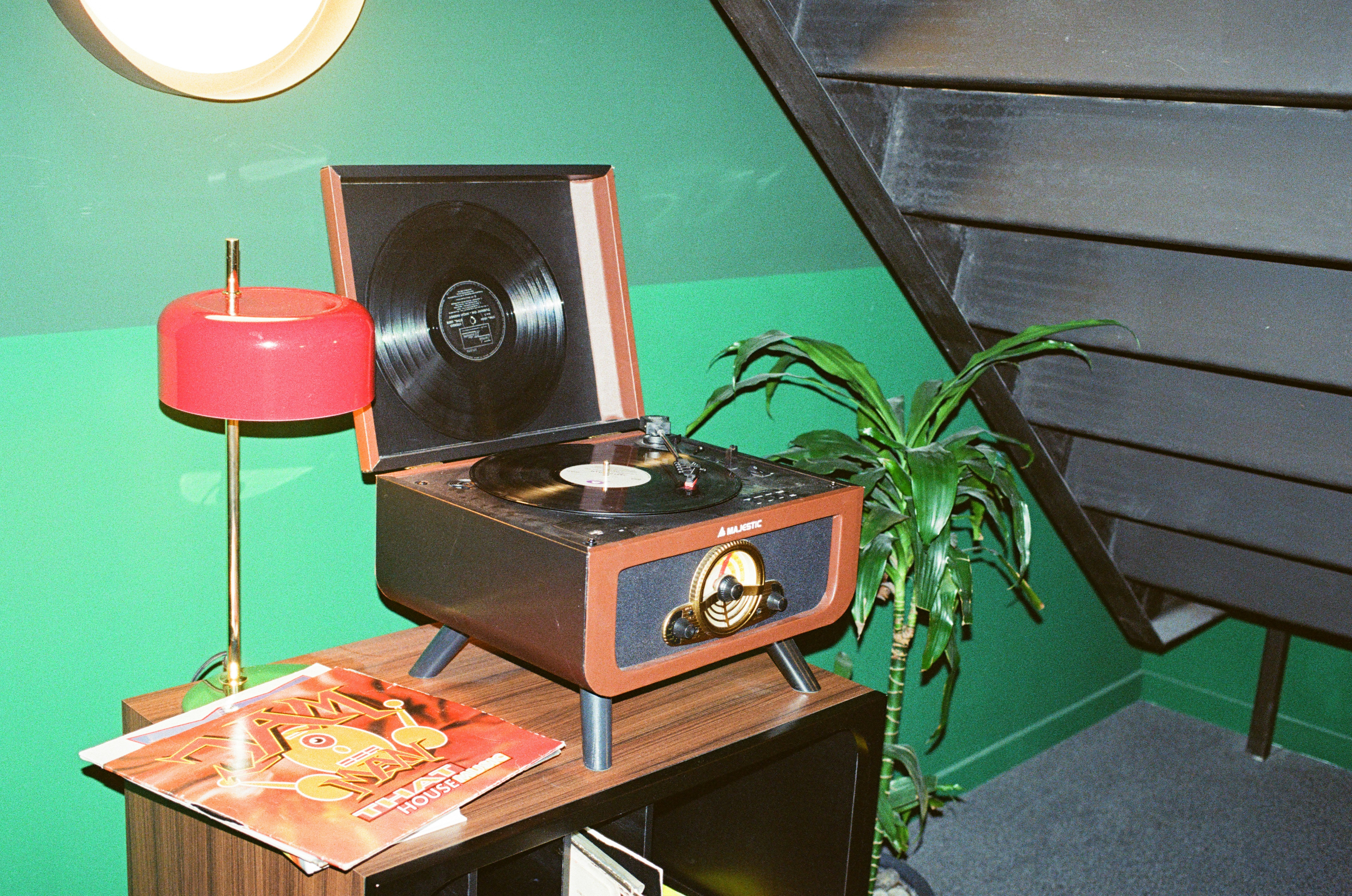 Record player on table