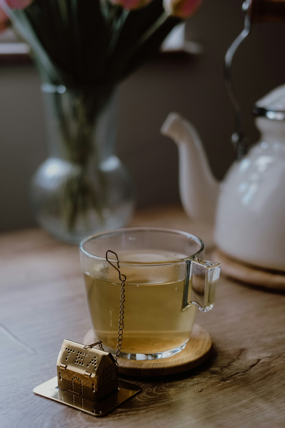 a cup of tea on a wooden table