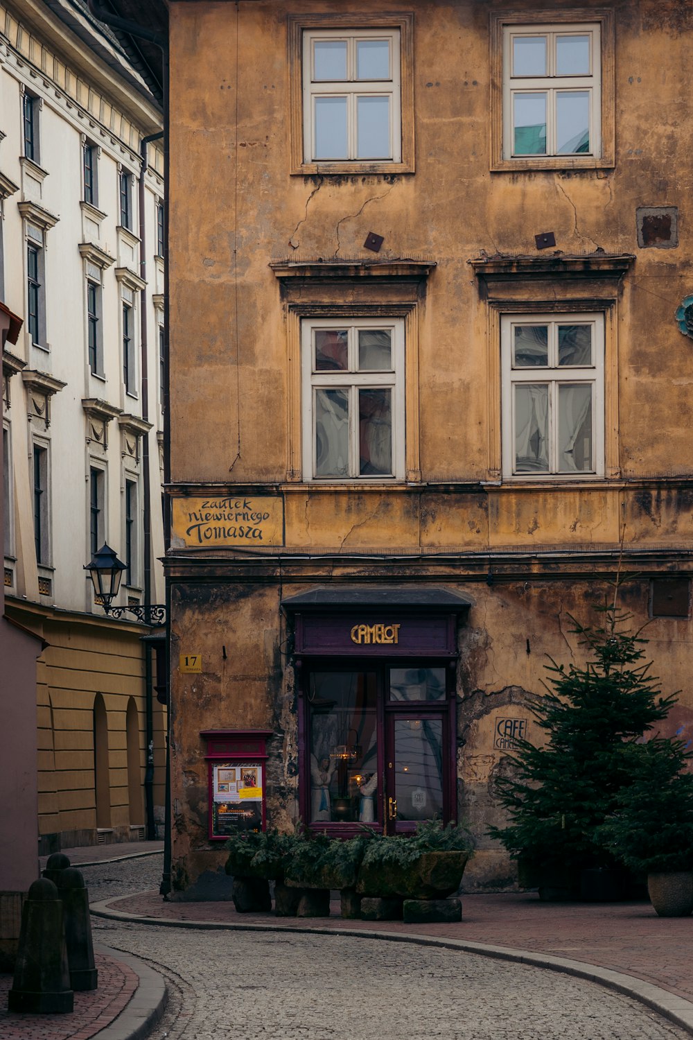 an old building with a tree in front of it