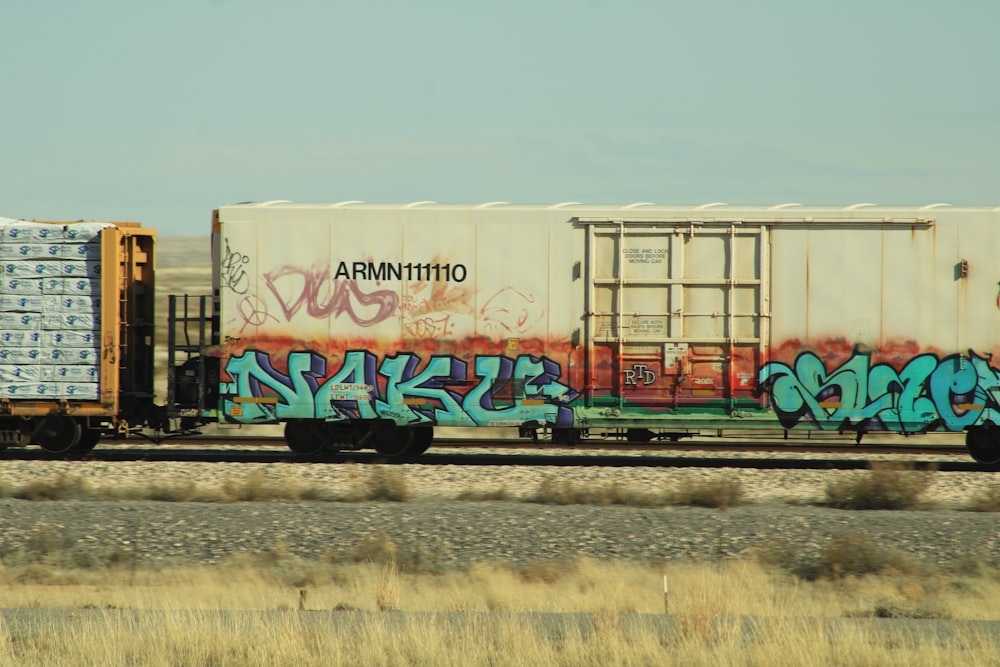 a train with graffiti on the side of it