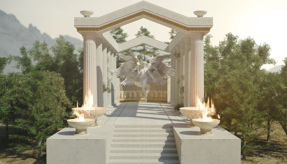 Un rendering 3D di un edificio bianco con colonne e pilastri