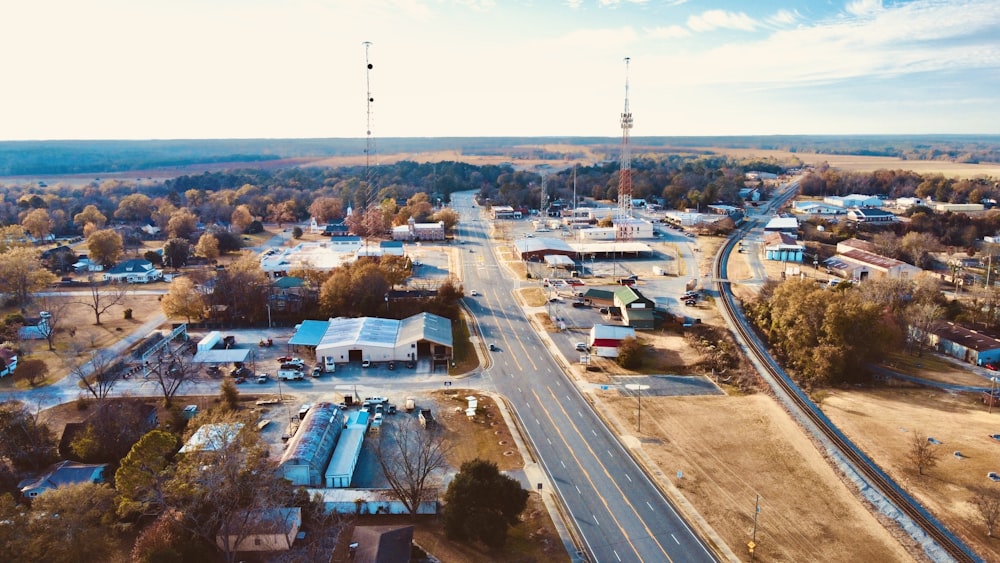 an aerial view of a town with a lot of buildings