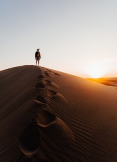 a person standing on top of a sand dune