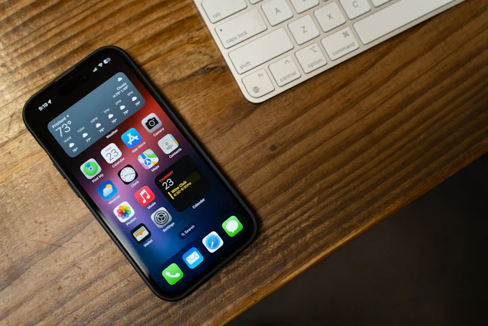 iPhone beside a keyboard on a wooden desk