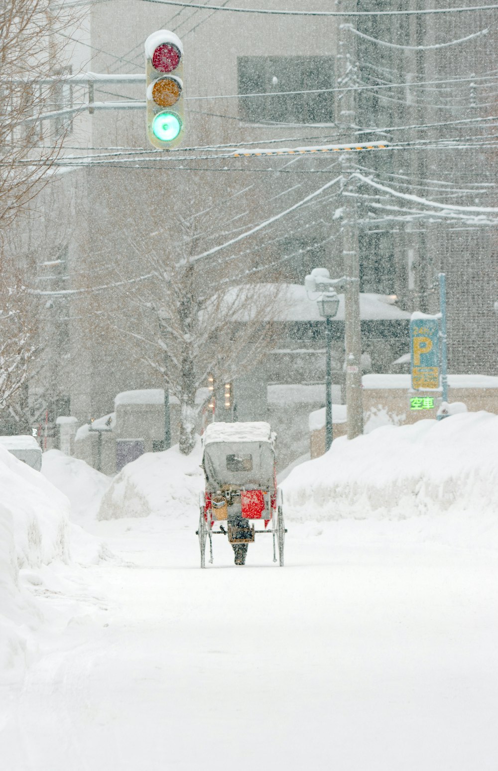 a horse drawn carriage driving down a snow covered street