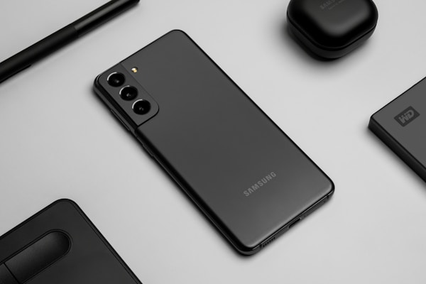 A flat lay image featuring a sleek black smartphone with three rear cameras, positioned on a gray surface. Surrounding the phone are matching black accessories, including wireless earbuds, a stylus pen, an external hard drive, and a laptop touchpad segment.