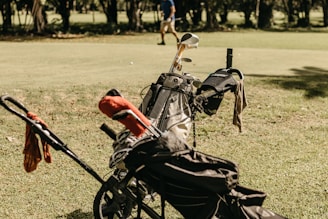 A golf bag filled with clubs is positioned on a grassy field, with a small trolley attached. Some bags have covers, and a towel is draped over one side. In the background, a person is walking across the green, surrounded by trees.