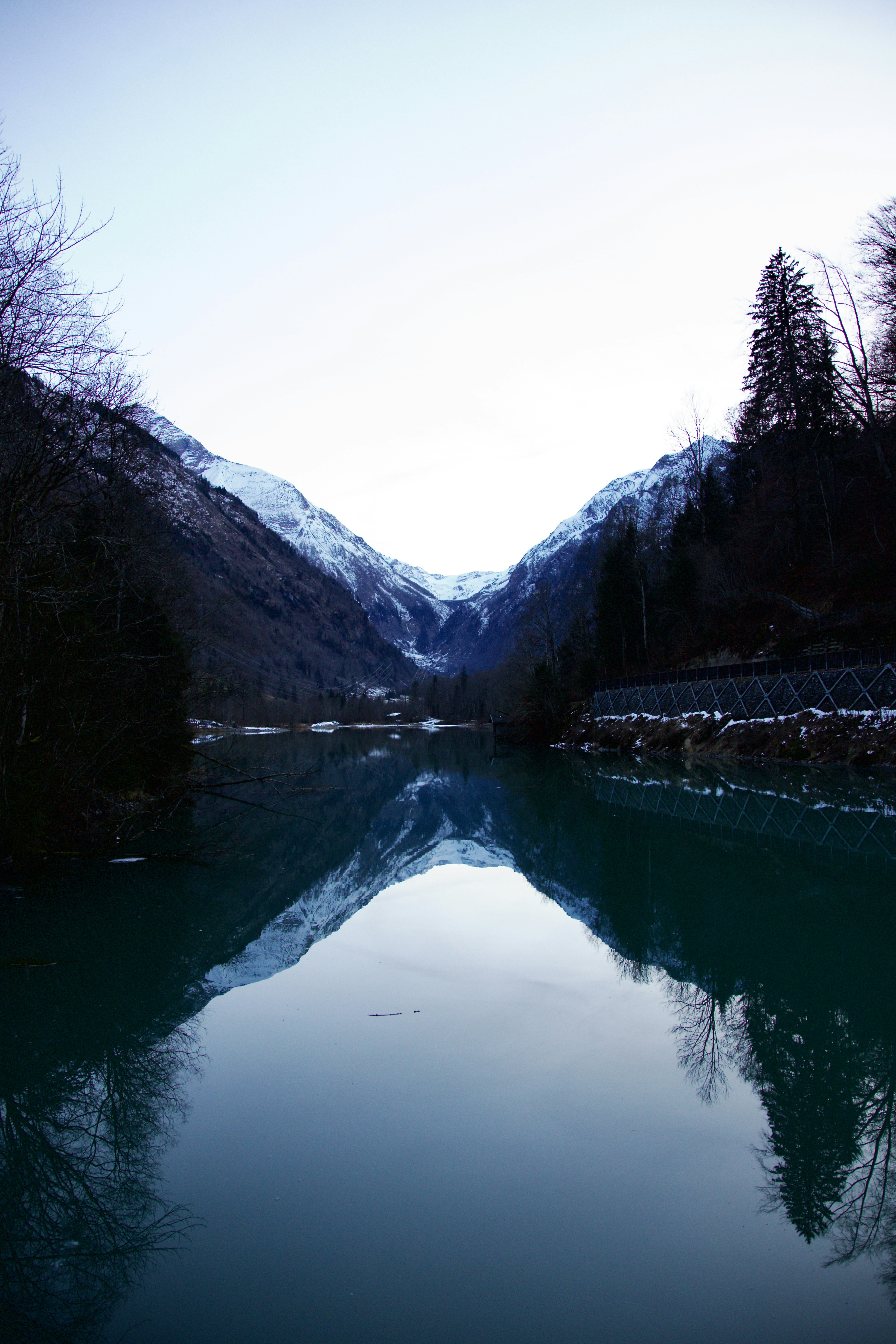 a body of water surrounded by mountains and trees