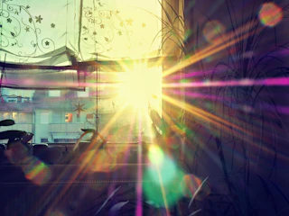 Sunlight shining through perfectly cleaned house windows reflecting a warm maroon curtain.