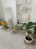 A modern interior space features a minimalistic white shelving unit displaying books, framed art, and decorative items such as a heart-shaped mirror. A tall mirror leans against the wall near a vibrant bouquet of mixed flowers including daisies and sunflowers. A large potted green plant is placed on the right side, adding a touch of nature to the decor. The light color palette and clean lines contribute to an airy and serene ambiance.