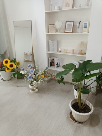 A modern interior space features a minimalistic white shelving unit displaying books, framed art, and decorative items such as a heart-shaped mirror. A tall mirror leans against the wall near a vibrant bouquet of mixed flowers including daisies and sunflowers. A large potted green plant is placed on the right side, adding a touch of nature to the decor. The light color palette and clean lines contribute to an airy and serene ambiance.