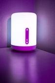 Elegant 3D printed lamp glowing softly with purple highlights in a cozy room corner.