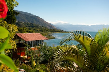 A serene lakeside scene with a red-roofed house surrounded by lush greenery. In the foreground, large palm fronds and vibrant tropical plants are visible. The calm, blue lake stretches into the distance, bordered by mountainous terrain under a clear sky.