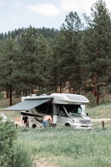 A motorhome is parked in a lush green campsite surrounded by tall pine trees. Two people are engaged in activities near the vehicle, one wearing a shirt and the other shirtless. The motorhome has an extended awning providing shade.