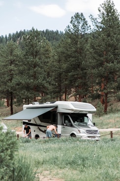 A motorhome is parked in a lush green campsite surrounded by tall pine trees. Two people are engaged in activities near the vehicle, one wearing a shirt and the other shirtless. The motorhome has an extended awning providing shade.