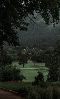 A serene landscape features a lush, green golf course surrounded by dense, mature trees. In the distance, there are small figures of people playing golf, and beyond them, a backdrop of forested hills creates a sense of depth. The image is framed by overhanging tree branches at the top, contributing to a peaceful, secluded atmosphere.