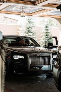 A luxurious car with a sleek black exterior is parked in a covered area with decorative ceiling designs. The vehicle's front grille is prominently displayed, and one of the doors is slightly open. Trees and a building are visible in the background.