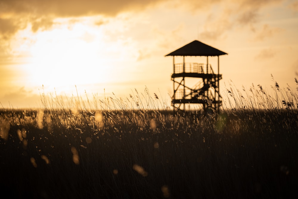 a lifeguard tower in the middle of a field