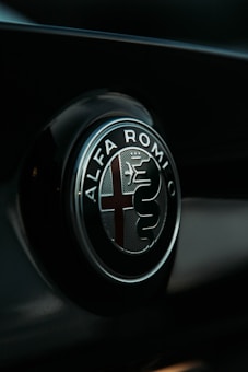A close-up view of the Alfa Romeo emblem, prominently featuring the brand's distinctive design with a red cross and serpent on a dark background. The emblem is round and metallic, reflecting light subtly.