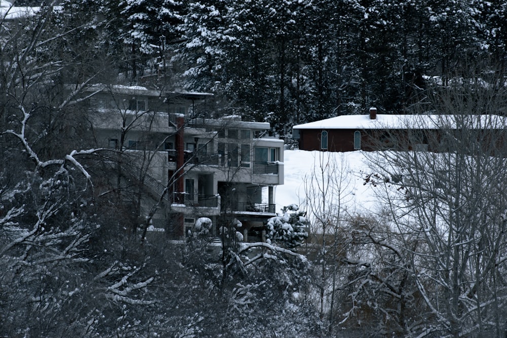 a house in the woods covered in snow