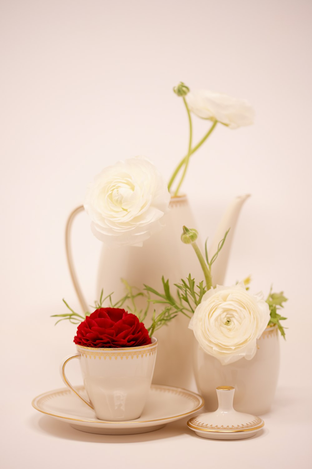 a white tea pot with a red rose in it