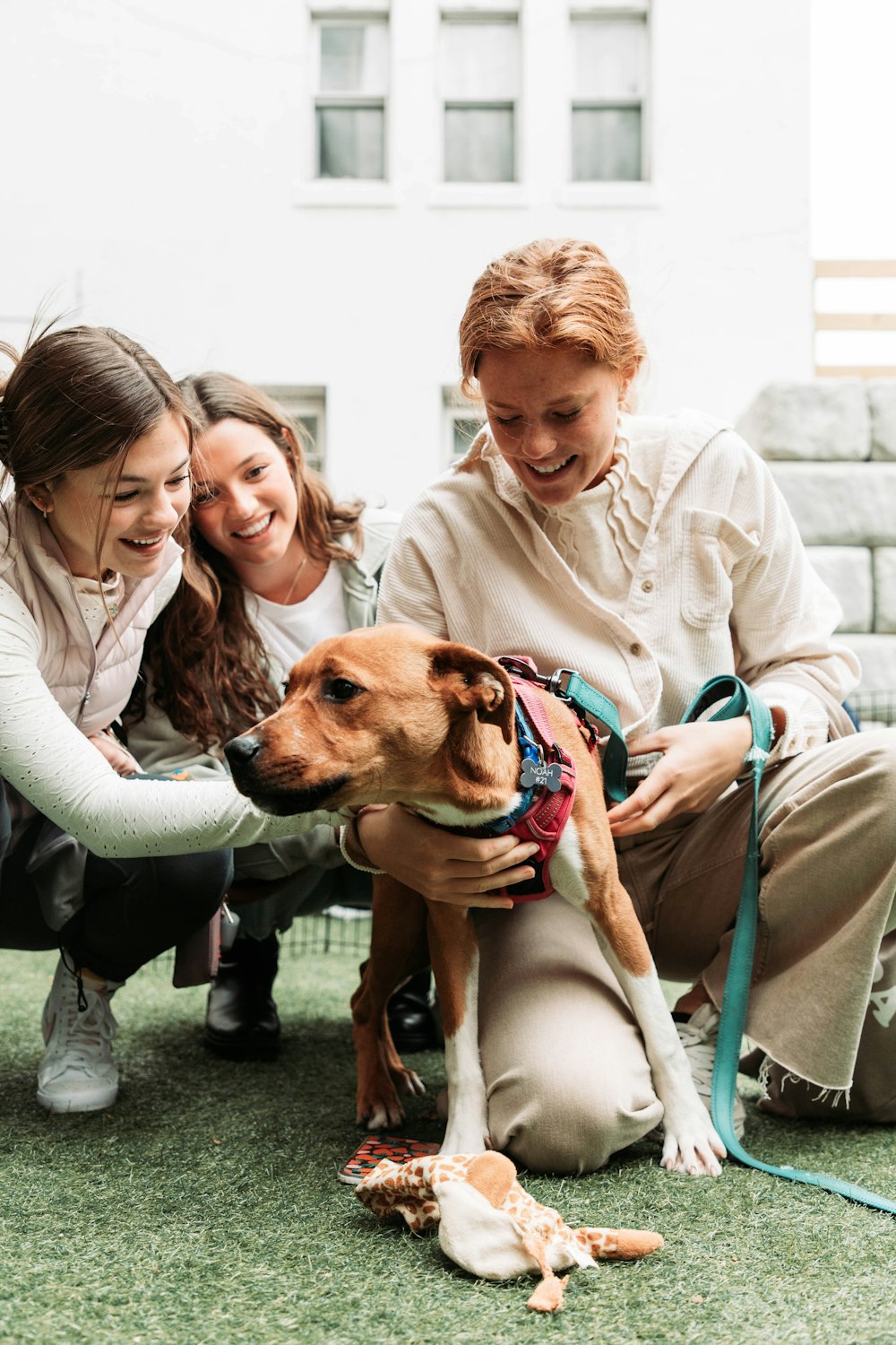 a couple of people that are petting a dog