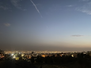 A cityscape of Edmonton at dusk with glowing lights and a clear sky.