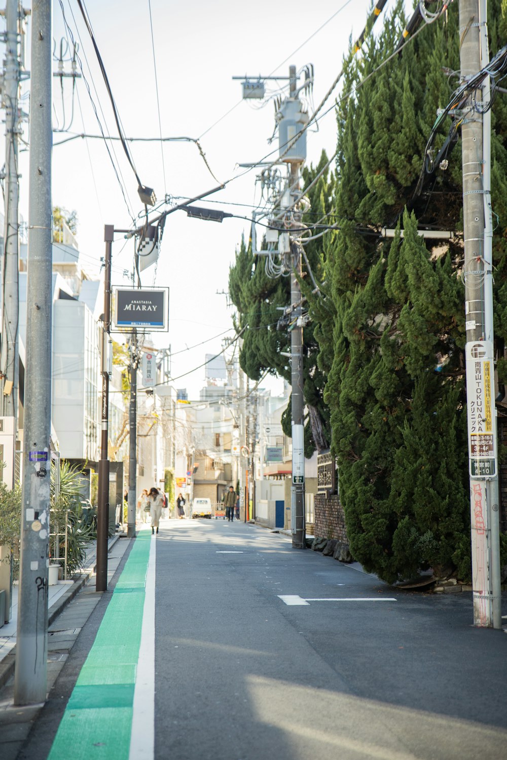 a street with a green line painted on the side of it