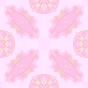 A symmetrical pattern featuring pastel pink and gold elements, resembling abstract shapes and floral motifs. The design is soft and delicate, evoking a sense of elegance and harmony.