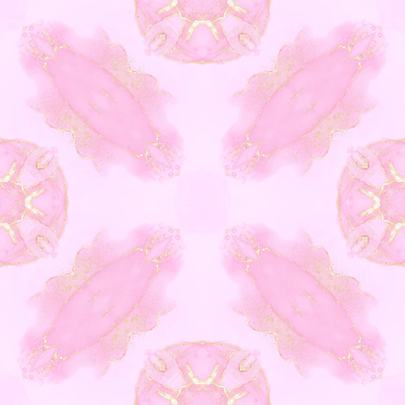 Elegant display of pastel pink clothing with subtle floral patterns and gold details.
