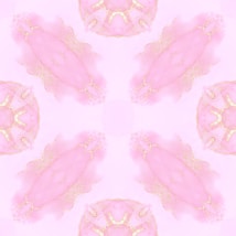 A symmetrical pattern featuring pastel pink and gold elements, resembling abstract shapes and floral motifs. The design is soft and delicate, evoking a sense of elegance and harmony.